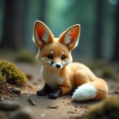 Fototapeta premium A small fox sits quietly on the forest floor, surrounded by trees and foliage, blending into its natural habitat.