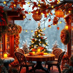 Christmas Themed Illustrations and Decorations with Festive Trees, Cozy Homes, Santa Figures, Ornaments, and Winter Holiday Scenes