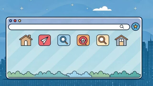UserFriendly Design A browser interface with a soft blue gradient background and a simplistic toolbar adorned with large cartoonish icons for easy navigation all set against a