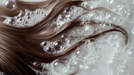 Luxurious brown hair with bubbles and foam in water