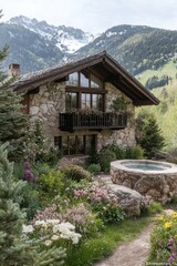 Cozy mountain chalet with lush garden and scenic view of snow-capped peaks
