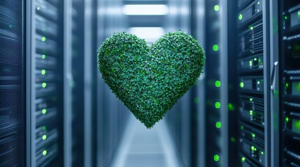 green heart symbolizing sustainability and technology in a futuristic server room with a light background