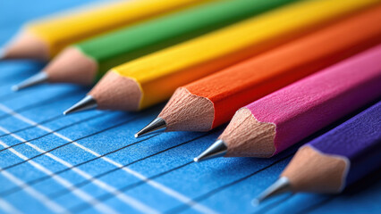 Naklejka premium Colorful Pencils Aligned on Blue Graph Paper for Creative Work