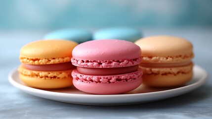 Obraz premium Colorful Macarons Arranged on a White Plate