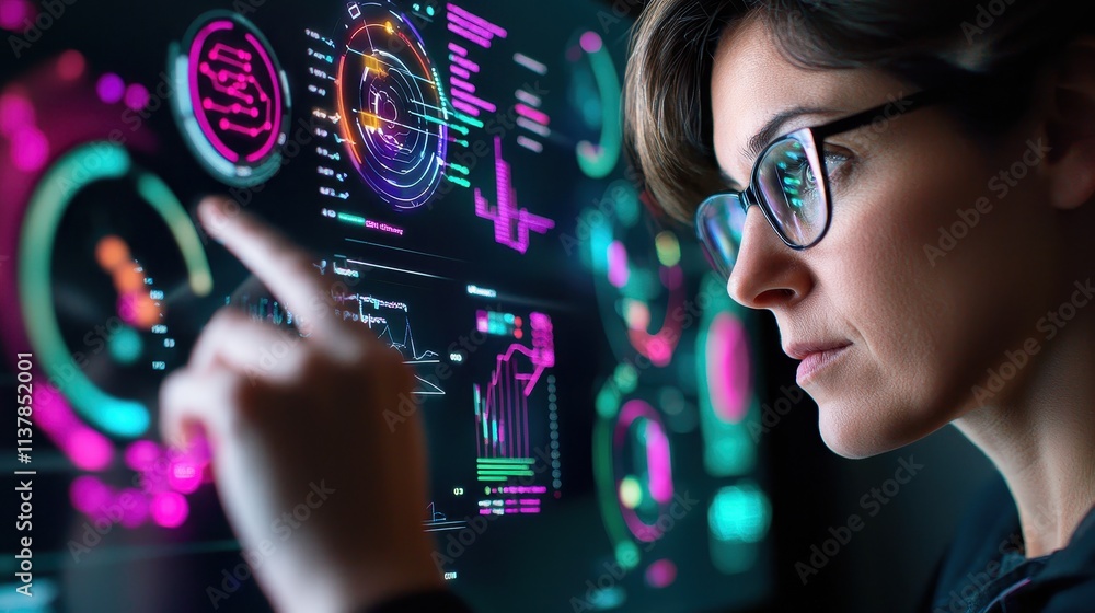 Poster woman analyzing data visualization on a digital screen with colorful graphs and charts