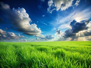 Obraz premium Stunning Sky Grass Background Image: Nature Photography, Serene Landscape, Pastoral Scene, Green Meadow, Blue Sky, Cloud Wallpaper, Open Field, Summer Day, Peaceful Scenery, Nature Backdrop