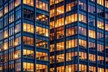 Obraz premium Dusk Office Building Windows, Night Illumination Patterns, Cityscape Silhouette Photography