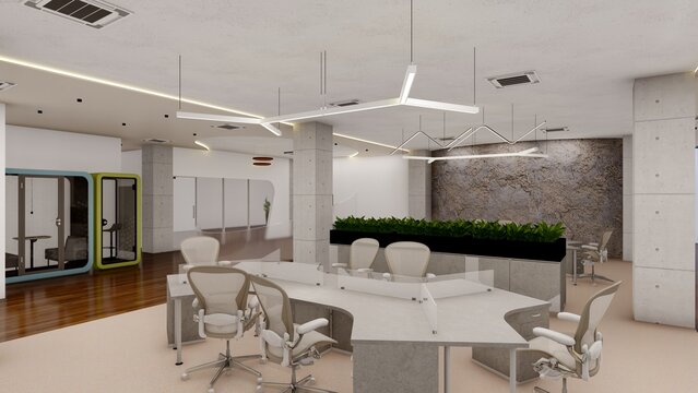 Commercial Office Interior 3D Render with Wooden Floors and Accent Walls