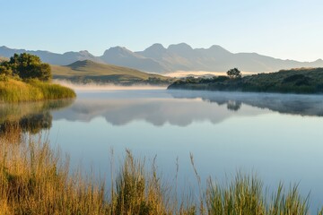Obraz premium A serene lake at dawn, its still water reflecting the surrounding mist and towering mountains.