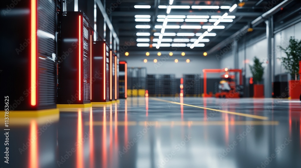 Poster modern data center interior with server racks and bright led lights in a high-tech environment