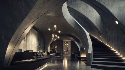 Obraz premium Luxurious Modern Lobby Interior with Dramatic Staircase.