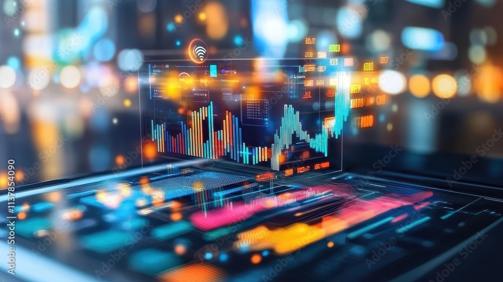 Poster modern digital interface displaying financial data and stock market trends in urban setting