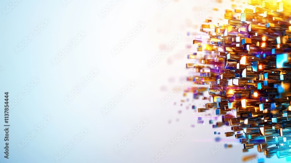 Poster abstract digital art with floating geometric shapes creating a colorful burst effect