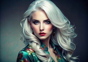 Naklejka premium Stunning White Hair Girl Photoshoot: Elegant Portraits & Fashion Styles