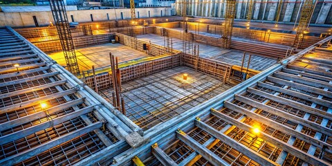 Monolithic Foundation Construction: Top-Down View of Reinforced Concrete Slab for Apartment Building