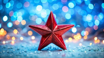 Obraz premium Red Star Christmas New Year Festive Background, Holiday Decoration, Winter Celebration, Xmas Ornament, Light Background, Starry Night, Sparkling Star, Festive Season, Holiday Greetings