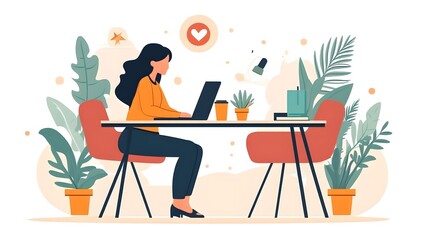 Work from Home Concept 2D woman is sitting at a desk with a laptop on White Background AI Generated