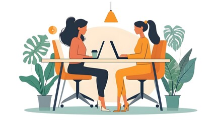 Fototapeta premium 2D Illustration of Two women sitting at a desk an laptops Work from home concept AI Generated