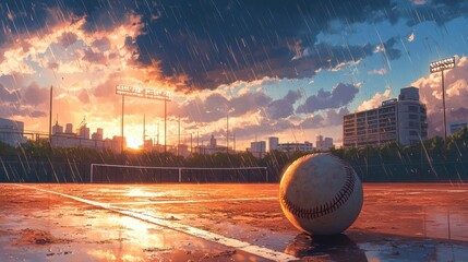 A Baseball Sits on a Rain-Soaked Field at Sunset