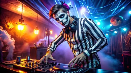 Obraz premium Sultry Halloween DJ Costume, Striped Outfit, Party Music, Spooky Vibes, Night Club, DJ Girl, Halloween Party, Sexy Halloween, Costume Ideas