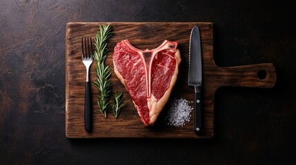 Raw t-bone steak with rosemary and cutlery on dark wooden cutting board