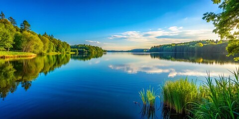 Obraz premium Summer Lake Wallpaper: Minimalist Photography, Calm Water, Blue Lake, Peaceful Scenery, Summer Background