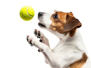 A dog playfully interacting with a tennis ball, isolated against a transparent background, capturing the fun and energetic moment