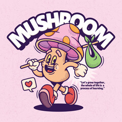 Mushroom Cute Trendy Retro Cartoon Vector Hand Drawn 
