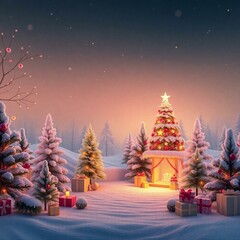 Christmas Themed Illustrations and Decorations with Festive Trees, Cozy Homes, Santa Figures, Ornaments, and Winter Holiday Scenes