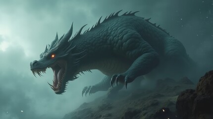 Pixiu on a Mountain Peak with Lightning