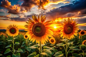 Fototapeta premium Sunflower Silhouette Outline Photography: Dramatic Sunset Backlit Field