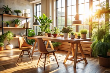 Fototapeta premium Sunlit Modern Workspace with Wooden Table, Cozy Chairs, and Lush Potted Plant for a Warm and Inviting Atmosphere in a Fashionable Interior Setting