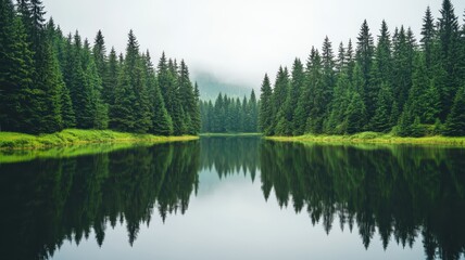 Symmetrical forest reflection in still lake nature landscape serene environment tranquil viewpoint