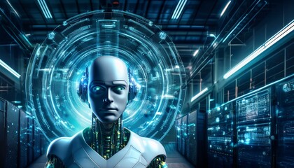 The AI Guardian: A futuristic portrait of a humanoid robot in a data center, wearing headphones and staring intently.