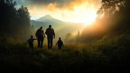 Fototapeta premium A family of four, silhouetted by a brilliant sunrise, hikes through a lush valley, surrounded by towering trees and majestic mountains in the distance.