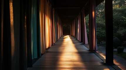 Fototapeta premium Warm sunlight streams through curtains in a tranquil corridor surrounded by nature