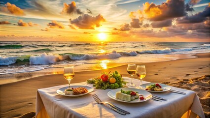 Fototapeta premium Sunset Beach Food Photography: Calm Sea, Meditative Meal, Coastal Cuisine