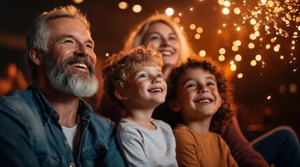 A joyful family of four, highlighted by sparkling fireworks, watches with delight as bright sparks illuminate the night, capturing a moment of celebration and unity.