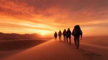 Fototapeta premium A group of people cautiously makes their way across sand dunes, walking steadily towards the setting sun, with a stunning orange glow in the expansive sky.