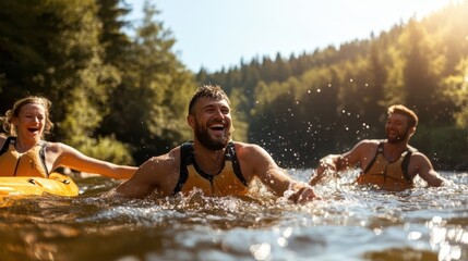 Friends exuberantly swim alongside their kayaks in a sun-dappled river, with laughter and excitement permeating the air, embodying adventure and companionship.