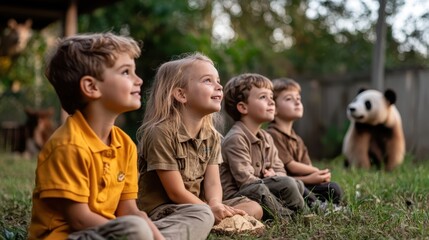 Fototapeta premium A group of children sit mesmerized as they watch a panda in a wildlife park, reflecting the joy and wonder of childhood exploration and discovery.