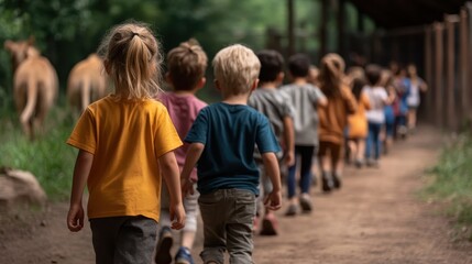 Fototapeta premium Children line up as they walk through a zoo, eager to encounter friendly animals and experience the thrill of discovery, under a lush, green canopy.