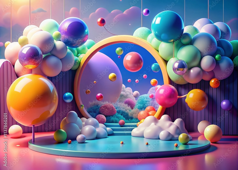 Poster surreal 3d rendering of colorful chat bubble in playful toon style with dreamlike background and whi