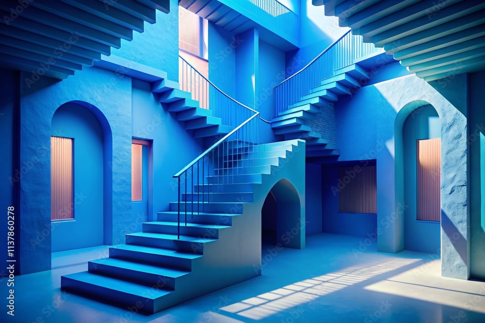 Poster surreal 3d render of blue stairs creating an illusionary effect in a dreamlike environment with abst