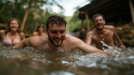 A man with an enthusiastic grin splashes through a rushing river, enjoying a wild escapade. This lively moment shows the thrill and freedom of a natural adventure.