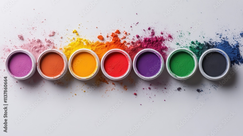Poster seven vibrant color powders are neatly arranged in small containers, with each color blending into t