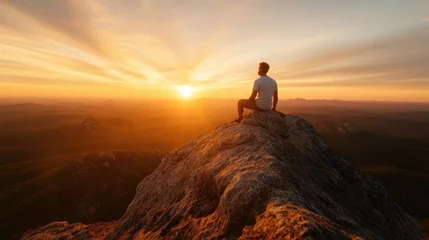 Fototapete Rund A man in a white shirt sits on a rocky mountain peak during sunrise, reflecting amidst a vast landscape and vivid sky, embodying tranquility and wonder. © svastix