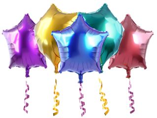 A Collection of Colorful Star-Shaped Balloons, Floating Gracefully, Isolated on a Transparent Background. Perfect for Party, Celebration, or Festive-Themed Designs