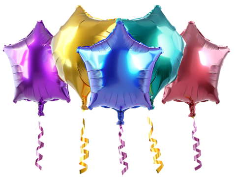 A Collection of Colorful Star-Shaped Balloons, Floating Gracefully, Isolated on a Transparent Background. Perfect for Party, Celebration, or Festive-Themed Designs