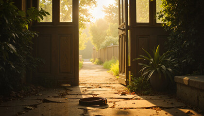 Sunlit Garden Pathway with Abandoned Dog Collar Near Potted Plant